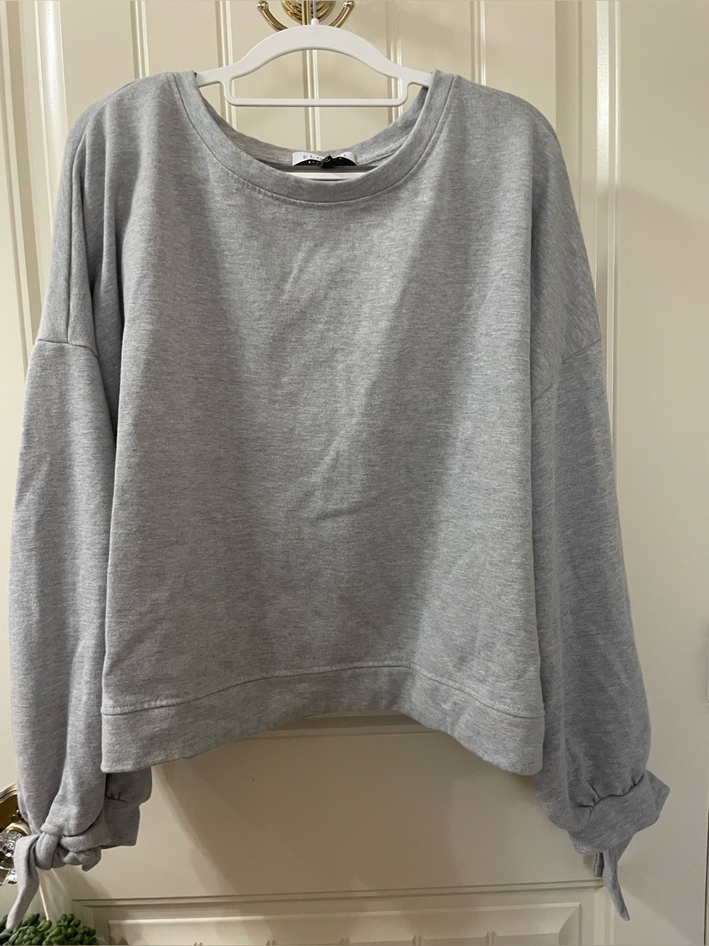 Eloquii Light Gray Cropped Sweatshirt with Tie Sleeve